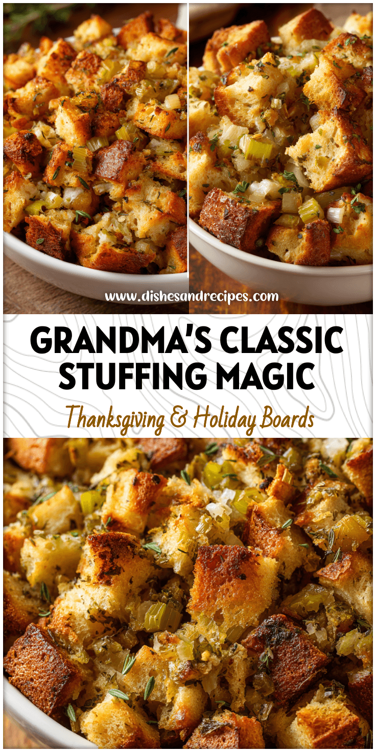 Golden bread stuffing baked with herbs and veggies, a traditional Thanksgiving side dish.